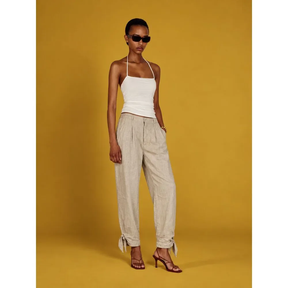 Reformation Linen Pants Size 2 Beige Oatmeal Ankle Tie 100% Linen